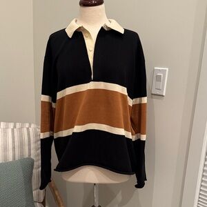 THE GREAT. Black and Brown Striped Rugby Pullover